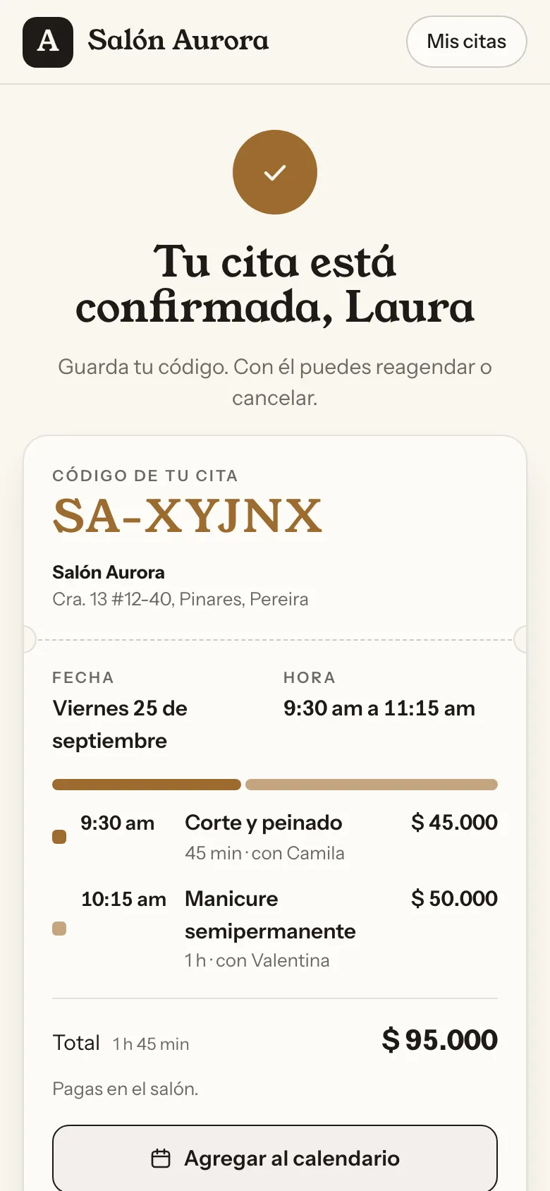 Confirmación de la cita en un celular: un solo código para la visita, con los dos servicios, sus horas y sus profesionales.