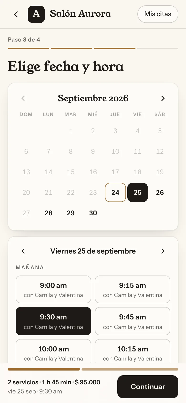 Paso de fecha y hora en un celular: cada hora dice con quién es, por ejemplo con Camila y Valentina.
