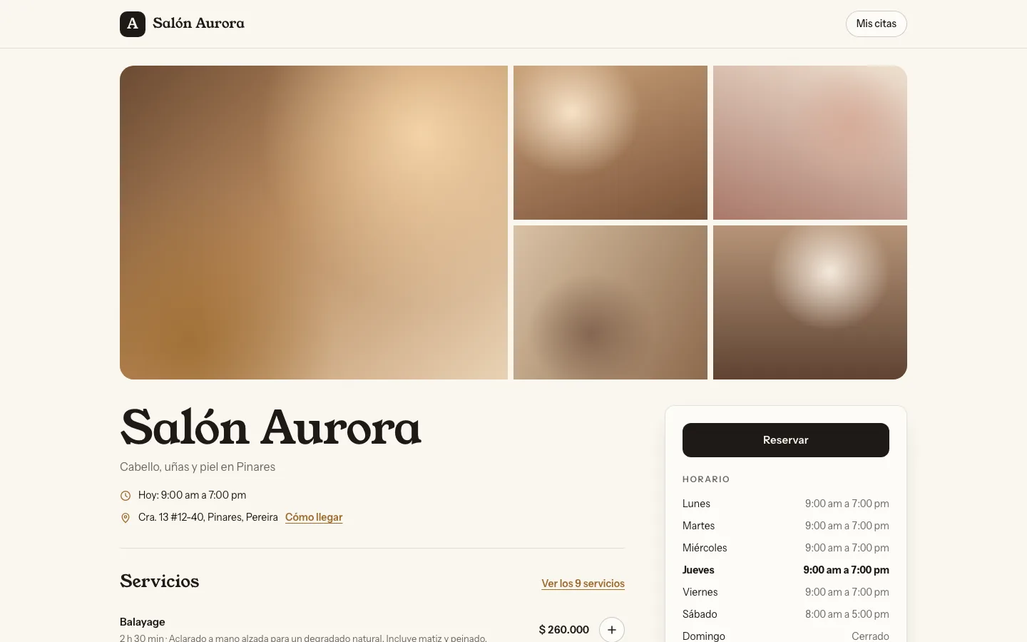 Página de perfil de Salón Aurora con portada, dirección, horario de hoy y botón de reservar. No aparece ninguna marca de plataforma.
