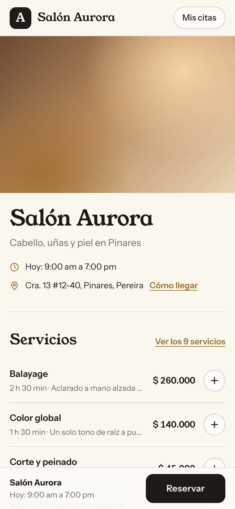 Perfil de Salón Aurora, un salón de demostración, visto en un celular.