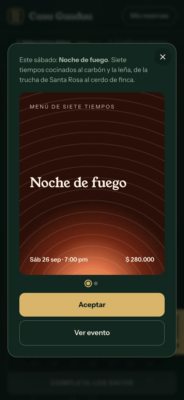 Tarjeta del evento Noche de fuego en la página de Casa Guadua, con fecha, hora y botones para aceptar o ver el evento.